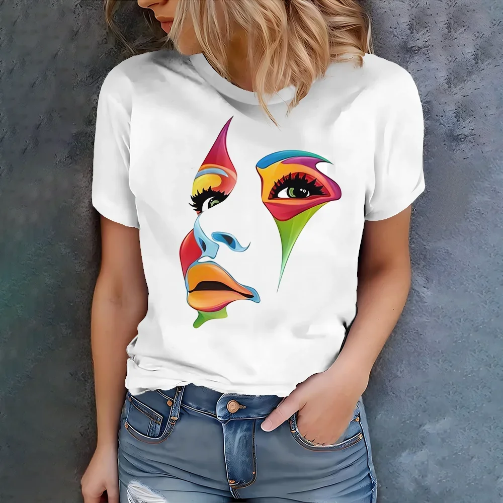 

Plus Size 1XL-5XL White Abstract Color Facial Design Women's T-shirt - Artistic Casual Style Summer Round Neck Short Sleeve