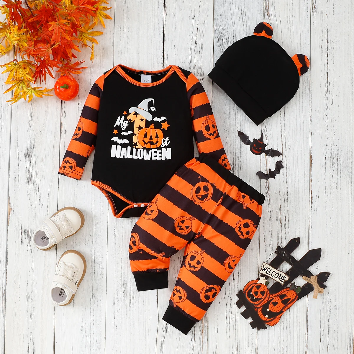 3Pcs Baby My First Halloween Outfit, Striped Pumpkin Print Long Sleeve Romper Pants Hat Set for 0-2Y