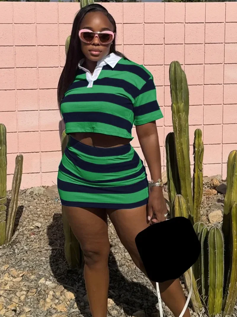 

GUWU Street Sporty Striped Women Set Short Sleeve Polo-t-shirt + Mini Skirts Suits Summer Casual Two 2 Piece Sets Tracksuits