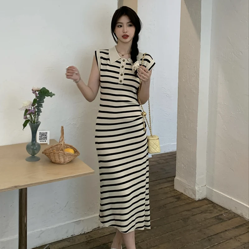 Women Stripe Knitted Dress 2024 Summer Elegant Fashion Lady Turn Down Collar Sleeveless Elastic Waist Bodycon Party Dress Female