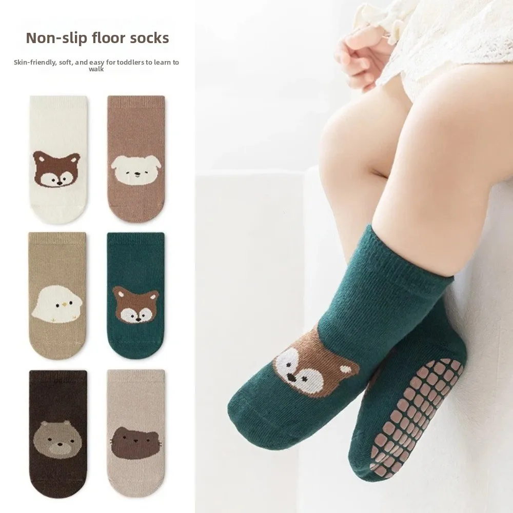6 Pairs Cute Fox Pattern Floor Socks Anti-Slip Bear Pattern Cartoon Pattern Socks Comfortable Breathable Childrens Socks