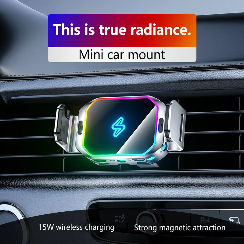 Wireless Car Charger 15W Magnetic Car Phone Holder Mount Vent Clip Automatic Sensor One-Click Lock LED Light Anti-Shake Sturdy