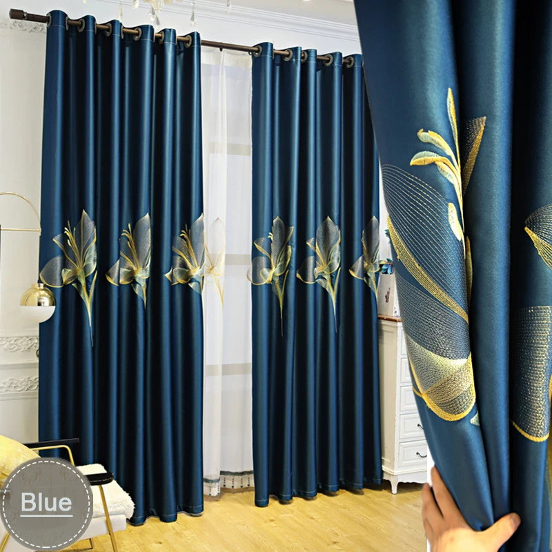 

Lily Flower Embroidery Semi-blackout Curtains for Living Room, High Precision Grommet Ring Curtains for Bedchamber Room Décor