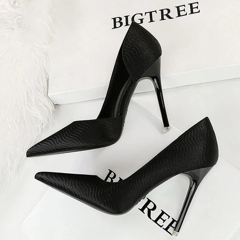 BIGTREE Shoes Wave Patterned Satin Women Pumps 2024 Spring New High Heels Stilettos Pointed Side Hollow Ladies Heels Stilettos