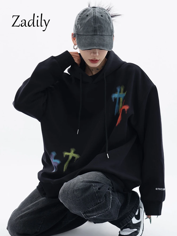 Zadily 2023 Winter Streetwear Long Sleeve Graffiti Print Women Hoodies Korea Style Oversize Cotton Sweatshirt Thick Pullovers