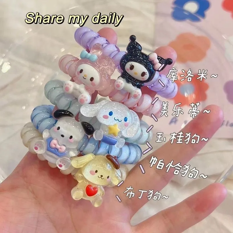 

New cartoon hairband with telephone cord and small elastic band - an adorable and sweet girl's hair accessory for tying hair.