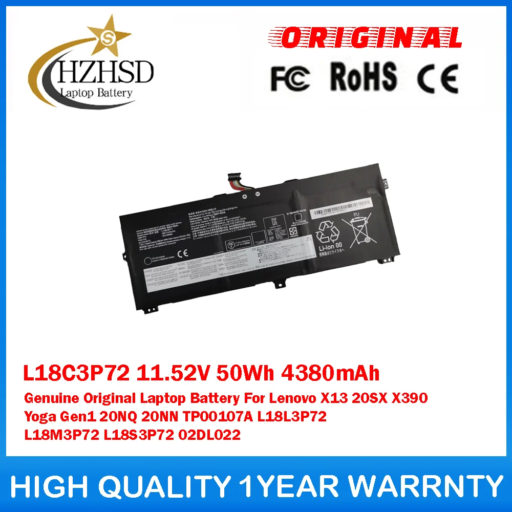 

L18C3P72 11.52V 50Wh 4380mAh Laptop Battery For Lenovo X13 20SX X390 Yoga 20NQ 20NN TP00107A L18L3P72 L18M3P72 L18S3P72 02DL022