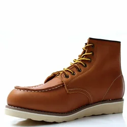 New Men's Fashions Red Tooling Motorcycle Boots Genuine Leather Round Toe Male Vintage Style Ankle Boots Casual Shoes