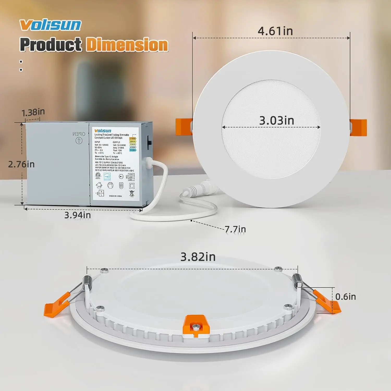 Volisun-Ultra-Thin LED luz embutida com caixa de junção, iluminação selecionável, 5Cct, 24 Pack, 4 Polegada, 2700K-5000K