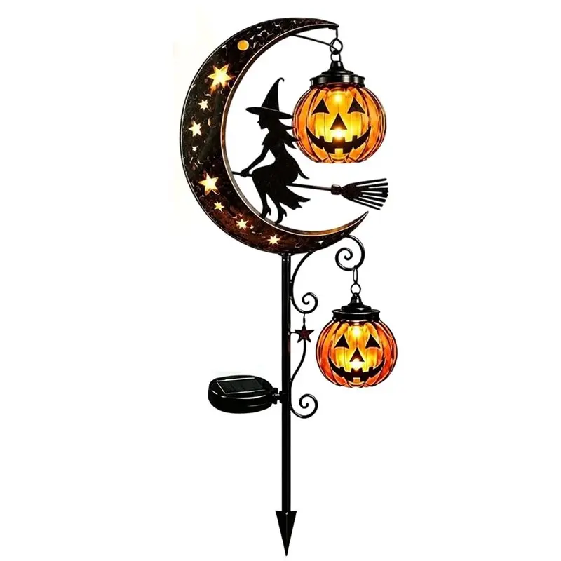 AAAN-Solar Halloween Garden Stake Light Featuring Pumpkin Lantern& Crescent Moon Design For Lawn, Patio, Walkway