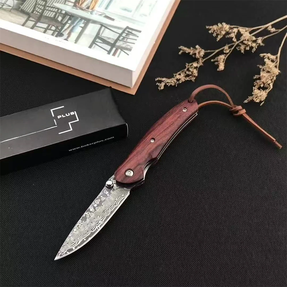 Top Selling Damascus Steel Blade Folding Pocket Knife Red Wood Handle Knife Outdoor EDC Survival Camping Hiking Hunting Tool