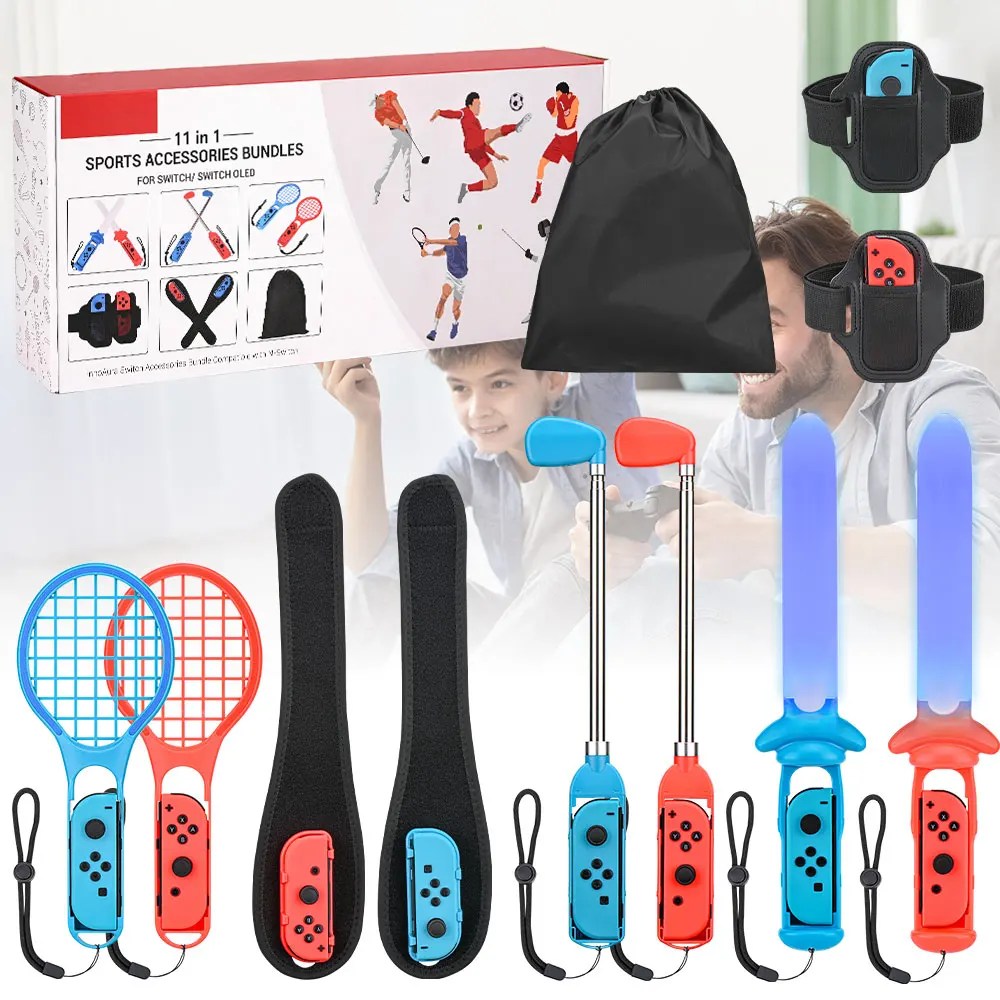 Switch Sports Accessory Set Bundle for Switch/OLED with Switch Tennis Rackets, Golf Clubs, Swords, Wrist Straps, Leg Straps