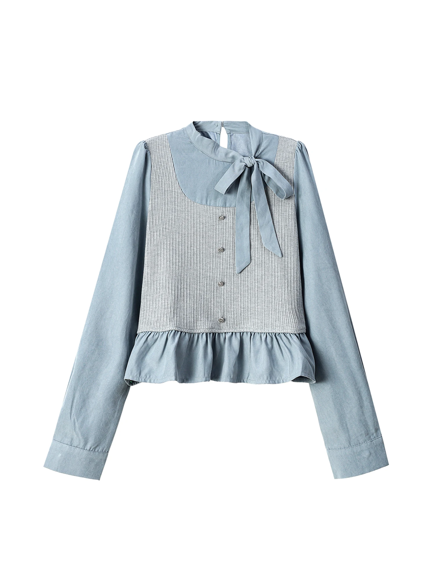 

Women Blue Shirts Blouses Vintage Y2k Aesthetic Elegant Fashion 2000s Long Sleeve Lace-up Patchwork Shirt Clothes Autumn Spring