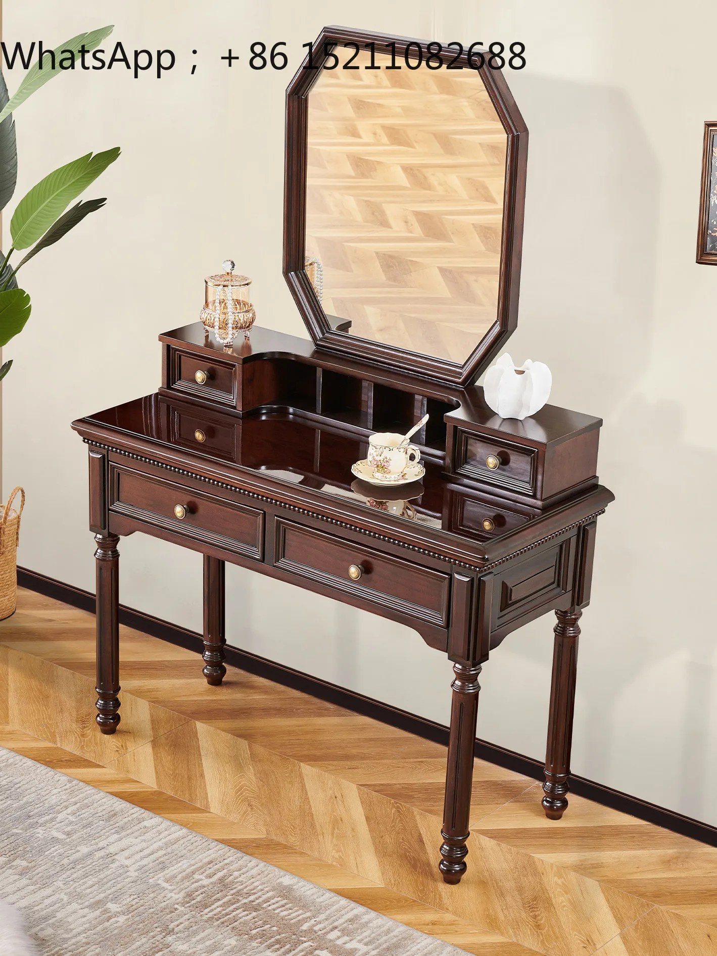 LLY retro style all solid wood light luxury dresser master bedroom makeup storage box stool combination