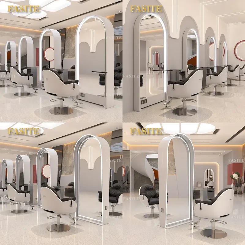 For Hair Stainless Steel Floor to Ceiling Mirror with Lamp Single Double Sided Haircut Mirror Table Professional Beauty