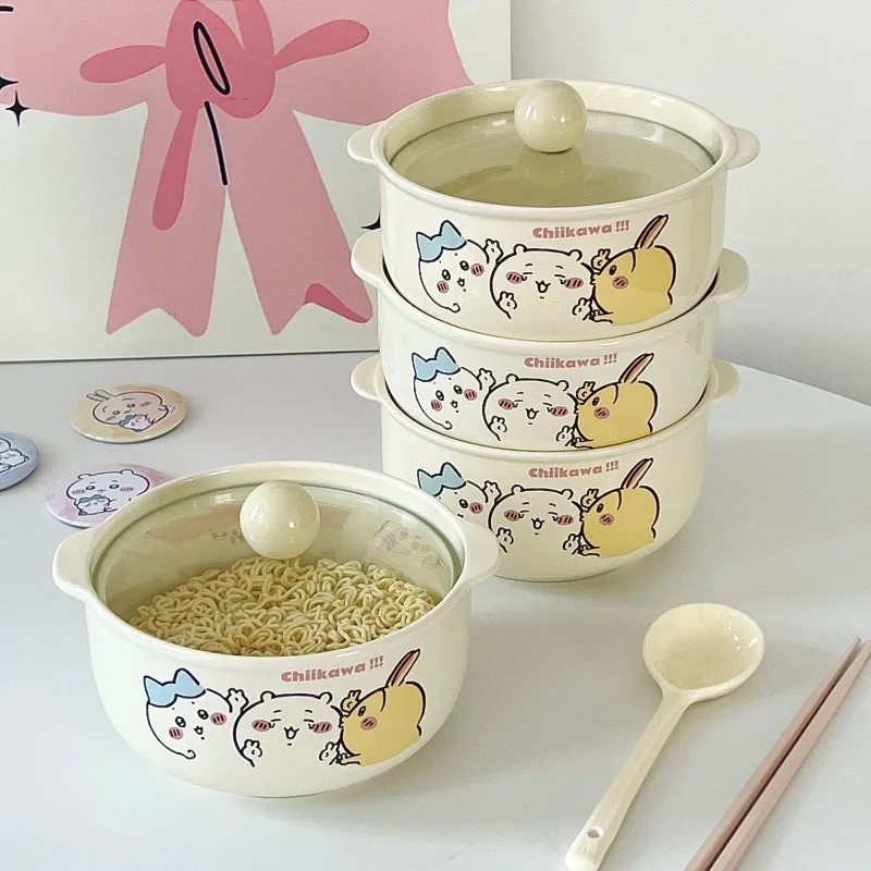 Jikikawa Cartoon Ceramic Instant Noodle Bowl with Lid and Spatula Kawai Student Dormitory Bowl - Double-Ear Spicy Noodles Bowl