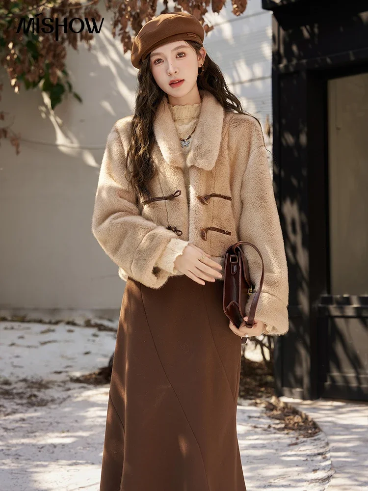 MISHOW Fake Fur Coat for Women Autumn Winter Fashion Fluffy Horn Button High Quality Imitation Mink Fur Jacket Woman MXC58W0261