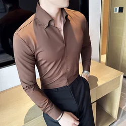 High Quality Waffle V-neck Shirt for Men's Long Sleeved Seamless Adhesive Stretch Shirt Solid Color Casual Business Dress Shirts