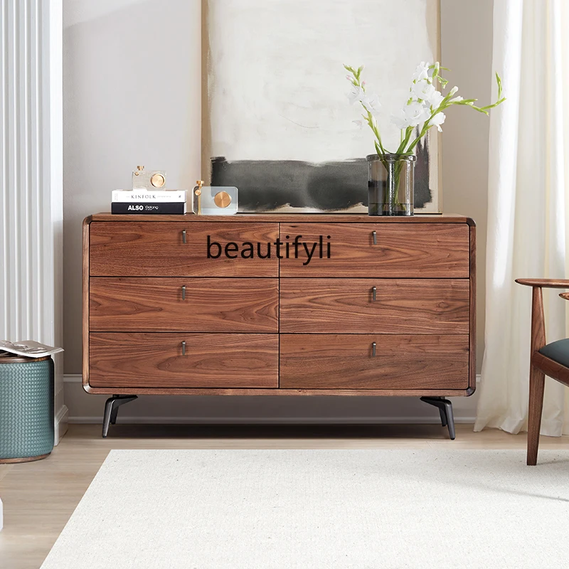 Nordic Solid Wood Chest of Drawers Black Walnut Wooden Cabinet Modern Light Luxury Simple Living Room Storage Entrance Cabinet