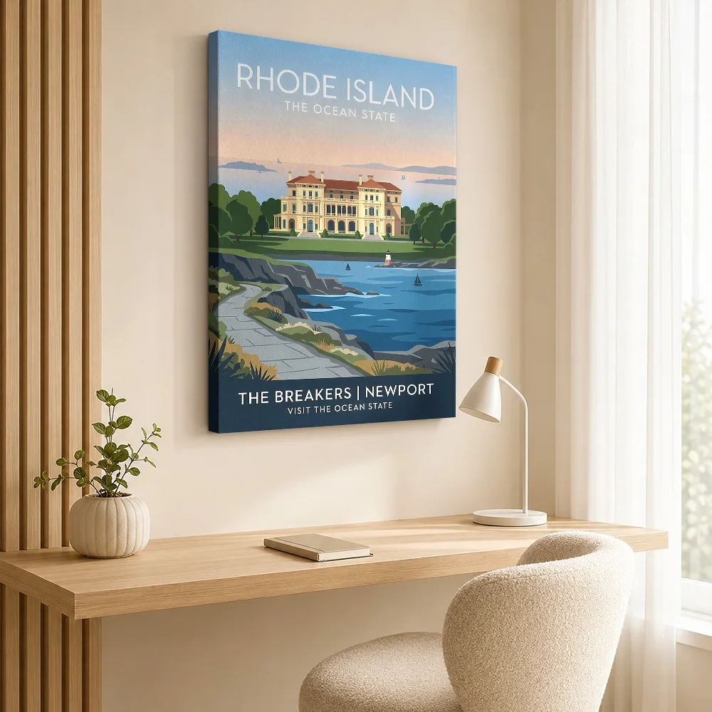 Newport Breakers Rhode Island Travel Canvas Print With Wooden Frame Personalized Photo Scenic Illustration Wall Art For Entryway