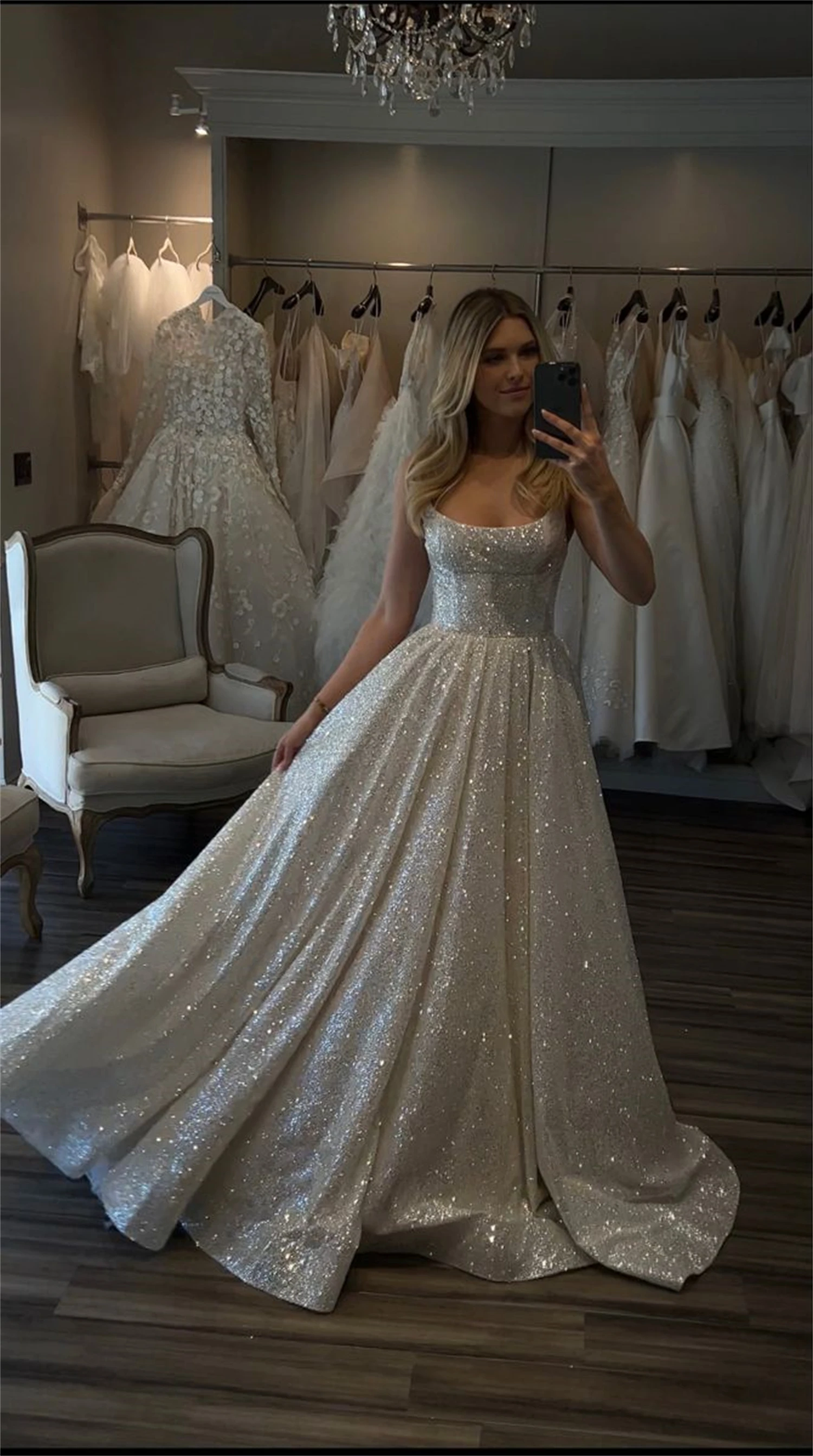 Aileen Shiny Wedding Dresses Boho Customized Sweetheart Sequin Spaghetti Strap A-Line Princess Wedding Bridal Gown suknia slubna