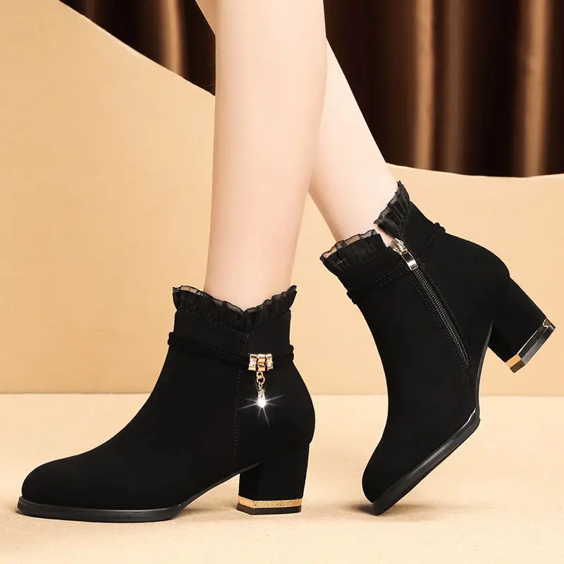 2022 Fashion Elegant Ankle Boots Women Lace Short Boot Ladies Fashion Evening Party High Heel Shoes Suede Botas Classic Black