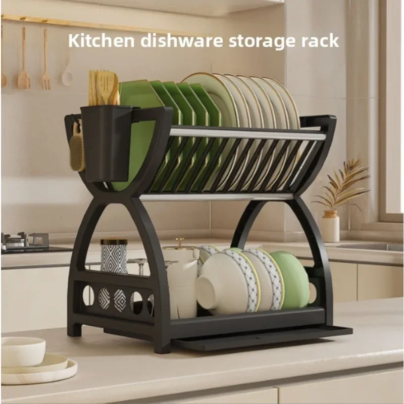 Double-layer draining bowl rack for kitchen, household countertop dishware storage rack, multi-functional tableware rack