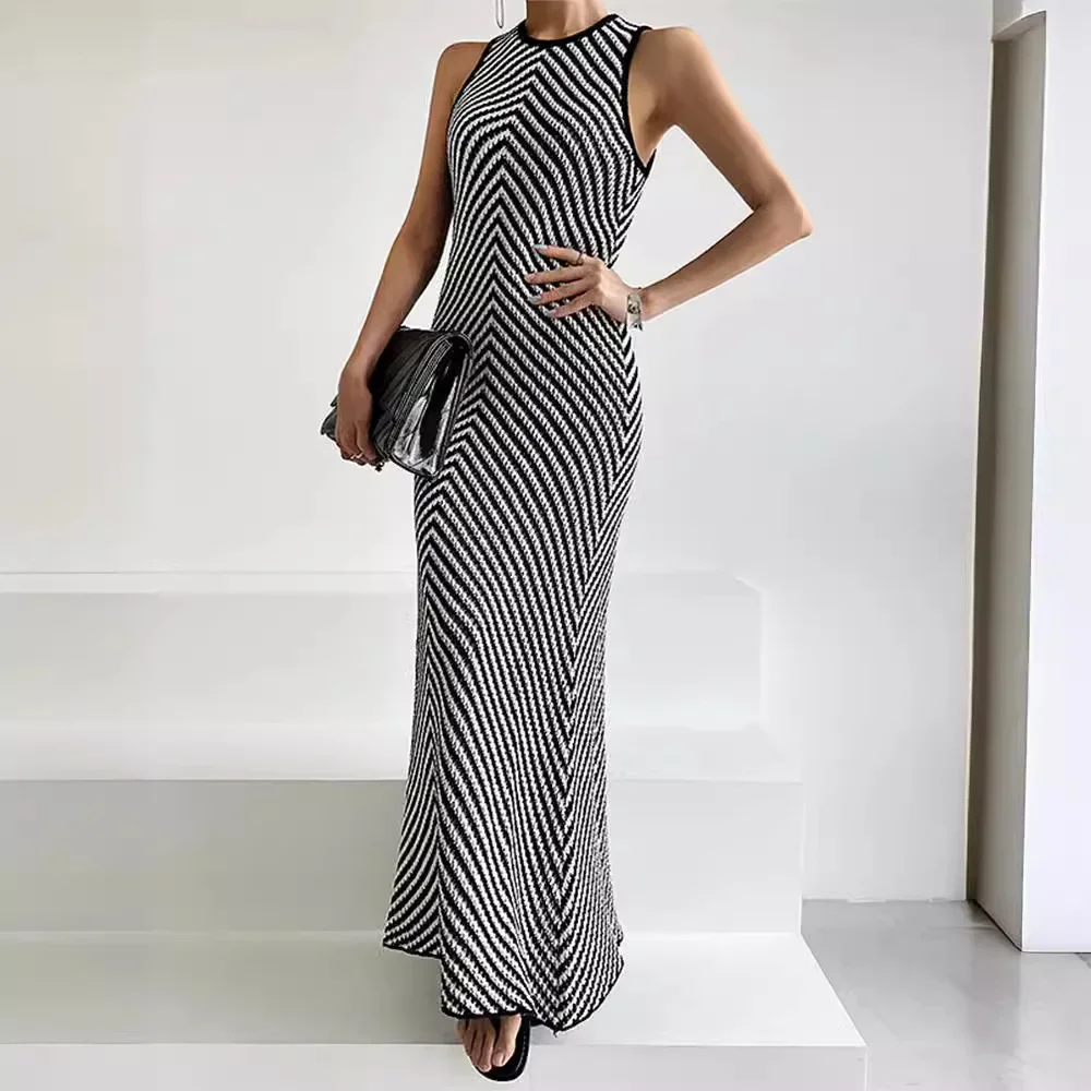 

Women's Striped Casual Dresses Sleeveless High Waist Bodycon Maxi Dress