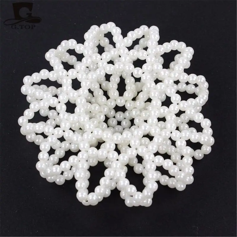 

39BD Elastic Artificial Pearl Hair Net Snood Big Hair Bun Cover Net Ballet Accessory