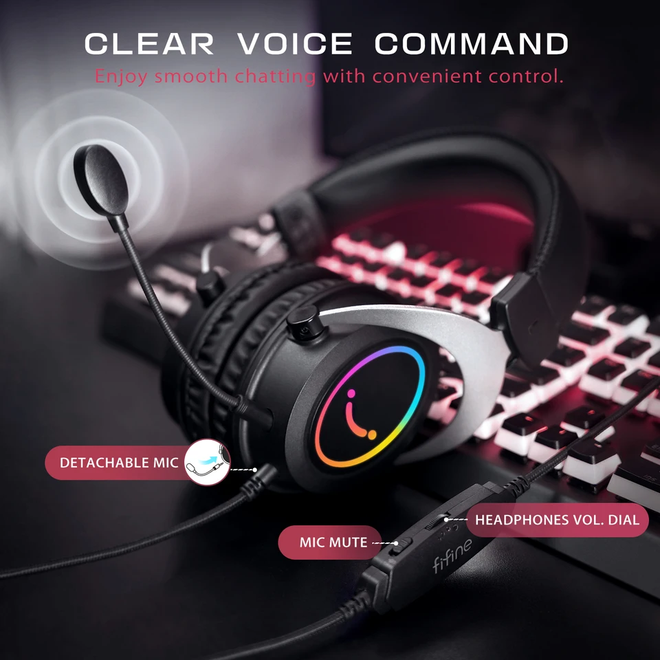 FIFINE ゲーミング ヘッドセット、ダイナミック RGB/MIC/インライン