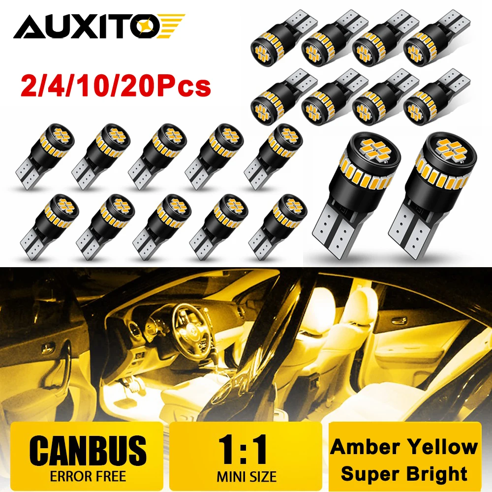 AUXITO 20/10/2Pcs T10 W5W LED Canbus Amber Yellow Anti Error Car Interior Night Light Parking Super Bright Lamp 194 168 LED Bulb