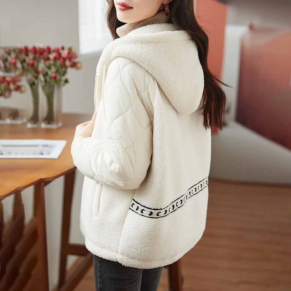 Women's Winter Casual Warm Thick Parka Hooded Cotton Coat with Lamb Wool Stitching down Cotton-Padded Jacket Loose Fit Overcoat