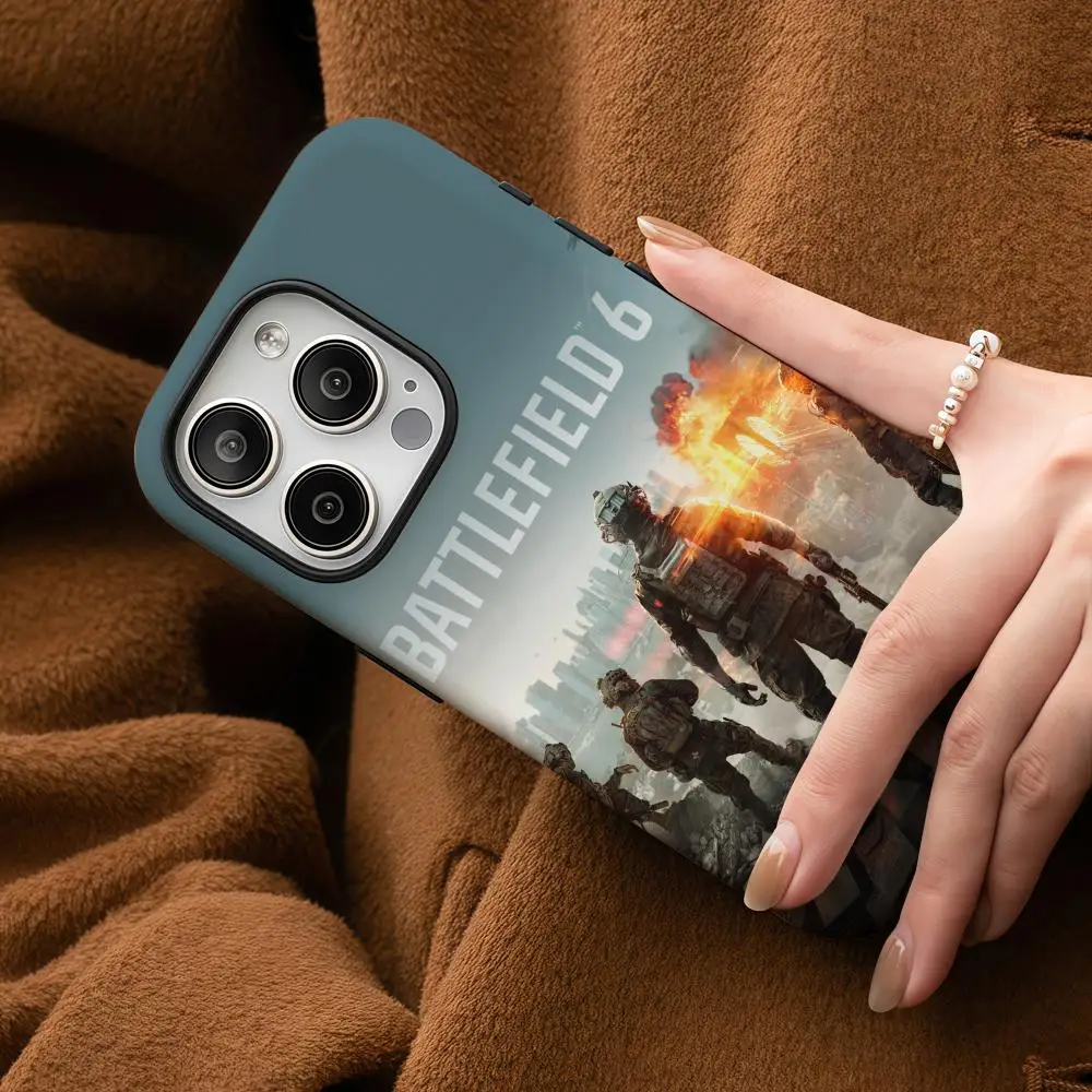 حافظة هاتف لهاتف آيفون 17 16 15 14 13 12 برو ماكس بلس لامعة عالية الدقة بطبقة مزدوجة فيلم خلفي سائل هارد شل ساحات المعركة 6