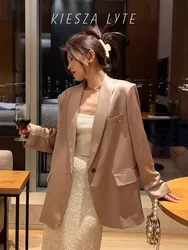 Premium Champagne Satin Blazers for Women with Loose Fit and Banana Collar, Simple Yet Stylish Suit Jacket Acetate party blazer