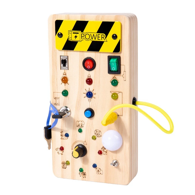 Montessori Placa ocupada de madeira com luz LED, brinquedos educativos sensoriais para crianças, Toggle Switch Toy, venda quente, 1-3Y