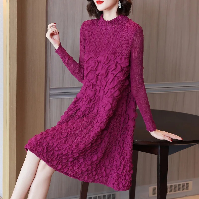 

Women's dresses Miyake Pleated Fashion large size half high neck long sleeve embroidered dress