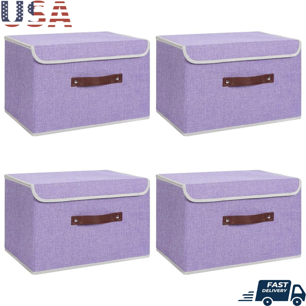 Storage Bins 4-Pack Large Lidded Cotton Linen Fabric PP Plastic Board Boxes Foldable Decorative Home Goods Organizers Covers