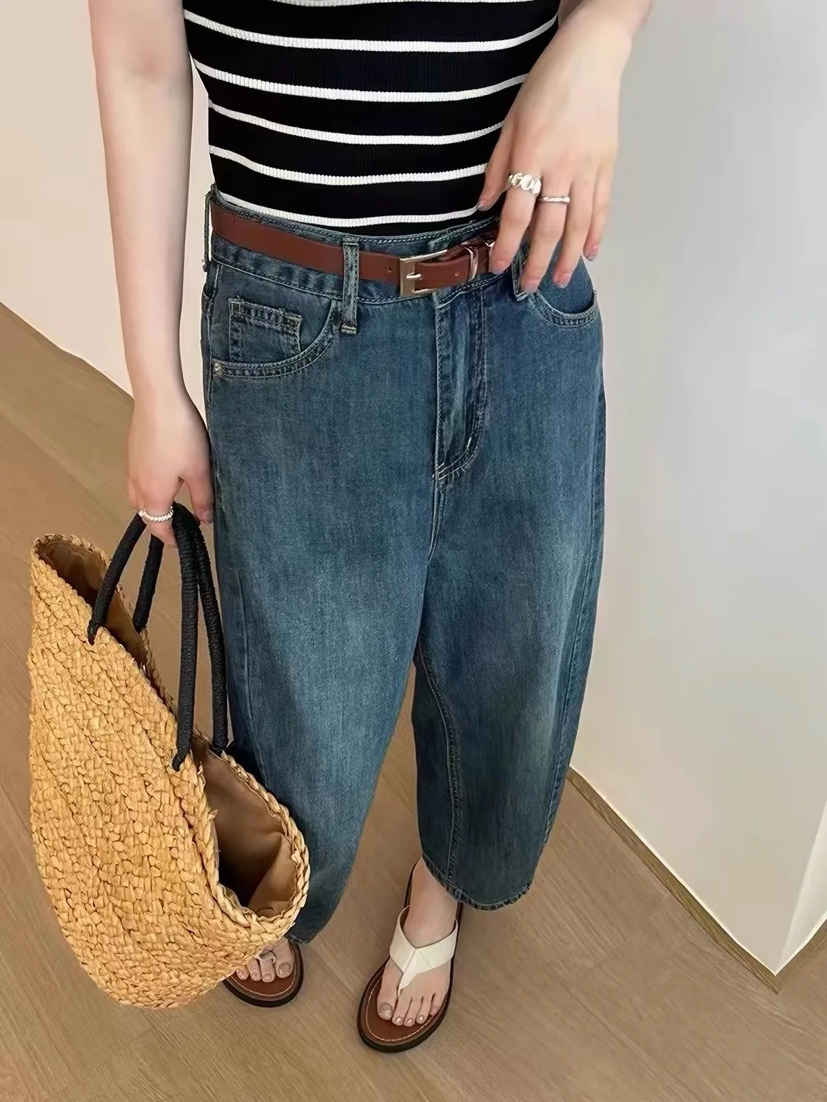 High Waist Straight Leg Jeans Women's Spring Summer Thin Large Size Loose Slimming Wide Leg Pants Harlan Style Cotton Stretch...