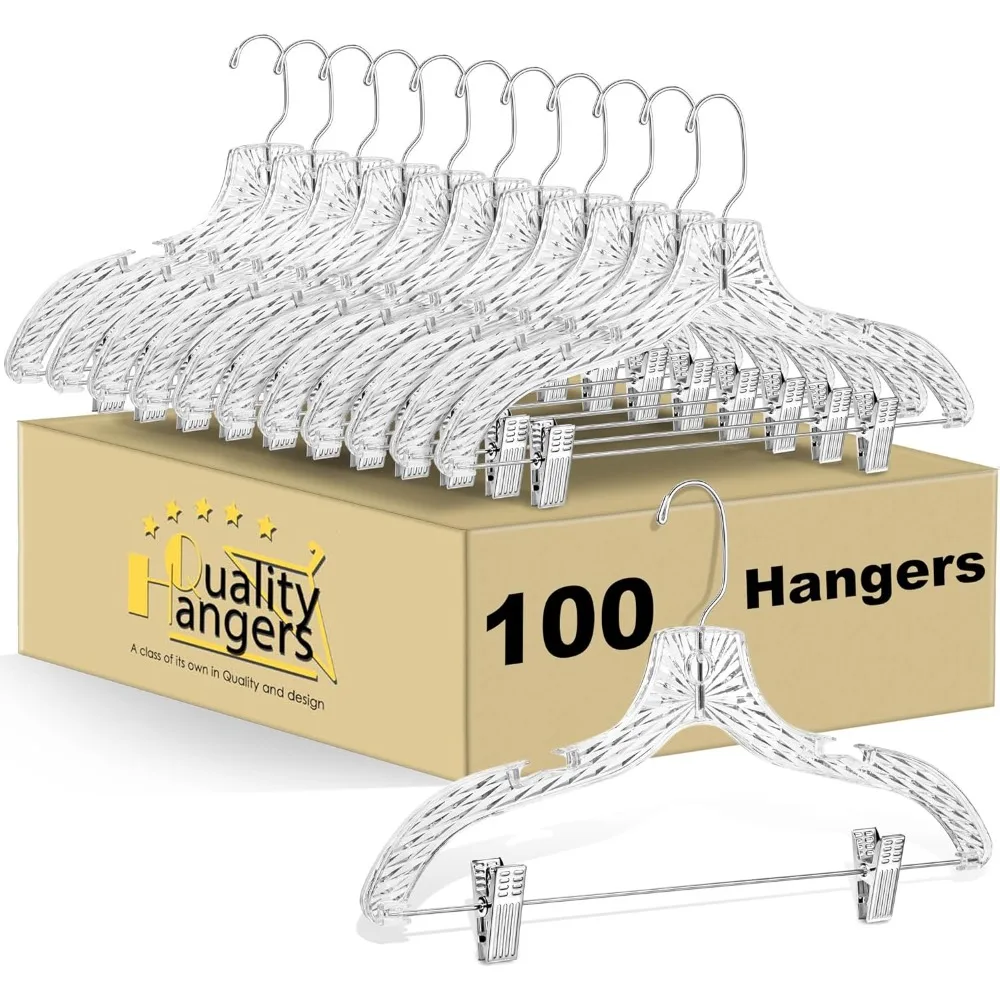 

Clear Plastic Hangers for Pants 100 Pack - Skirt with Crystal Cut Design - All in One Curved Shoulder Clothes Hanger