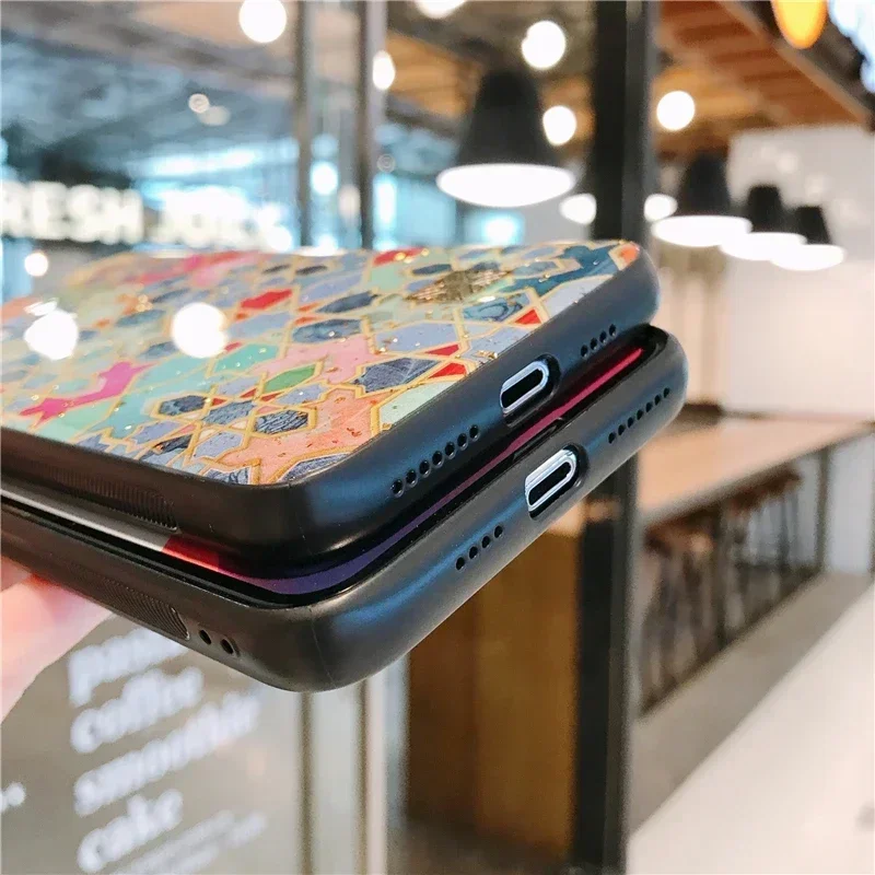 Contrasting Color Gold Foil Silicone Phone Case For iPhone 16 15 14 13 11 12 Pro Max Plus Glitter Geometric Painted Epoxy Cover