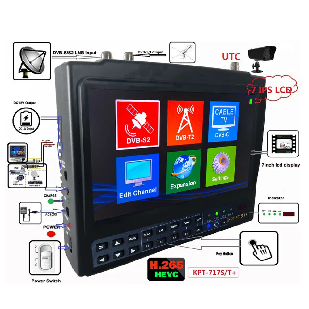 KPT-701S/T+ جهاز كشف الأقمار الصناعية المحمول IPS مقاس 7 بوصات (S2+T2+C) وشاشة HD وCCTV (مع إدخال TV + HD + AHD + AV)