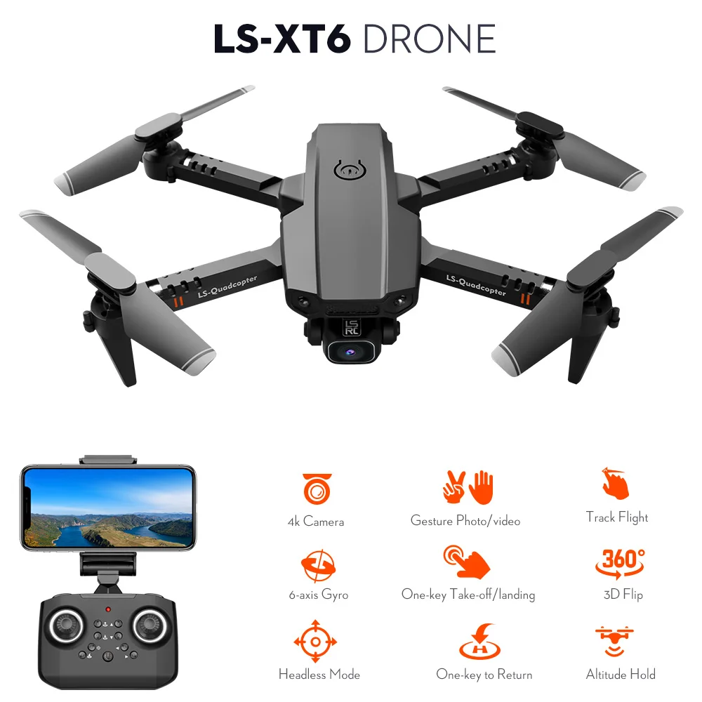 LS-XT6 RC Drone with Camera 4K Camera Track Flight Gravity Sensor Gesture Photo Video Altitude Hold Headless Mode RC Quadcopte