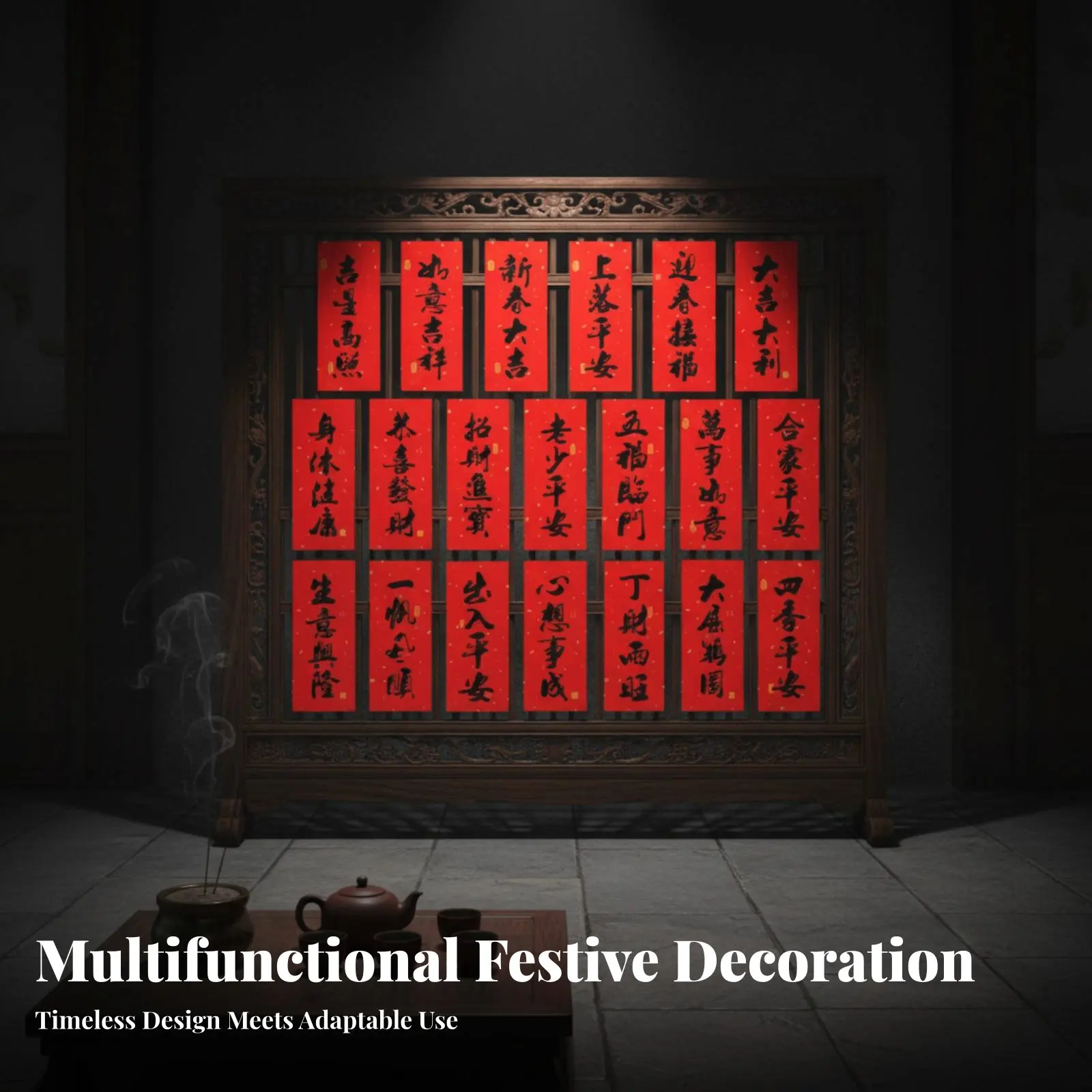 Festive Door Banner, Black Calligraphy Couplet, Double-Sided Red, Self-Adhesive, Mixed Blessing Words