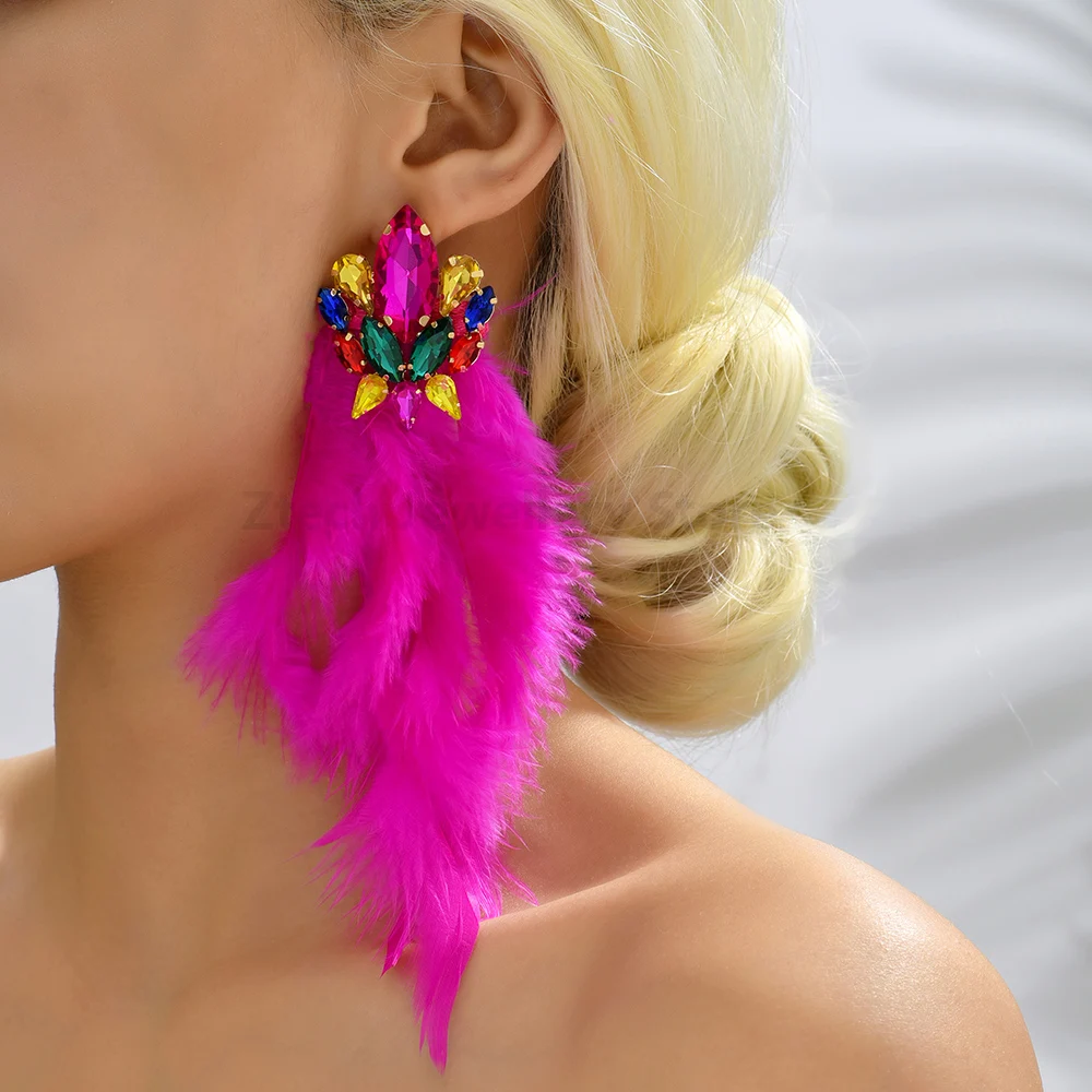 Multicolor Long Feather Dangle Earrings For Women Shiny Colorful Crystal Glass Fashion Pendant Wedding Prom Jewelry Accessories