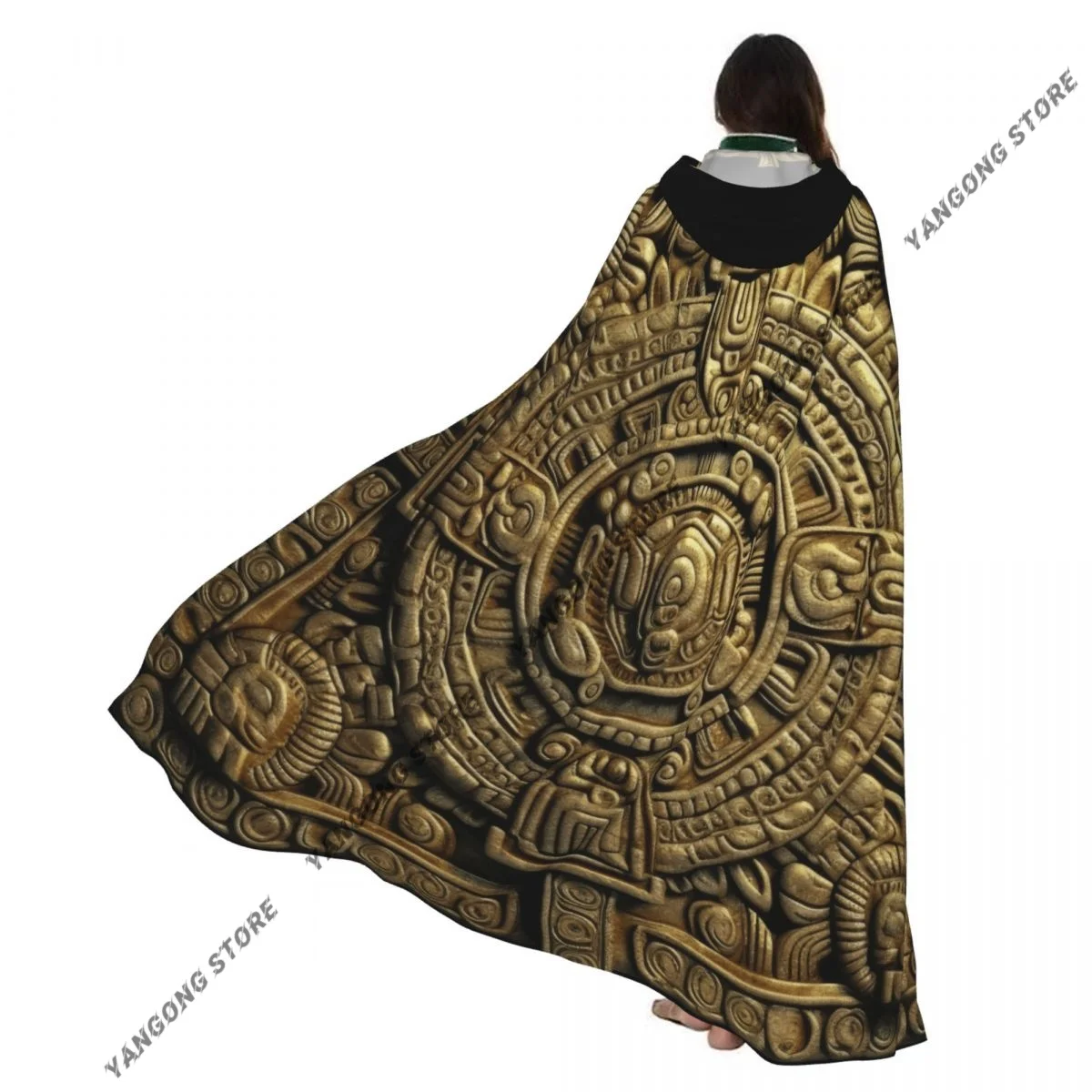 

Adult Vampire Cape Hooded Robe Aztec Maya Print Halloween Cloak Full Length Cosplay