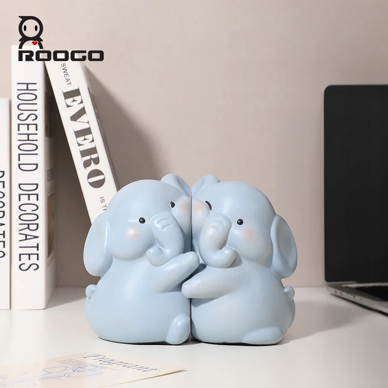 Roogo  Cute Elephant Resin Figurine Non-Slip Bookends Set for Home Decorations of Bookshelves Study Desk Decorative Bookends