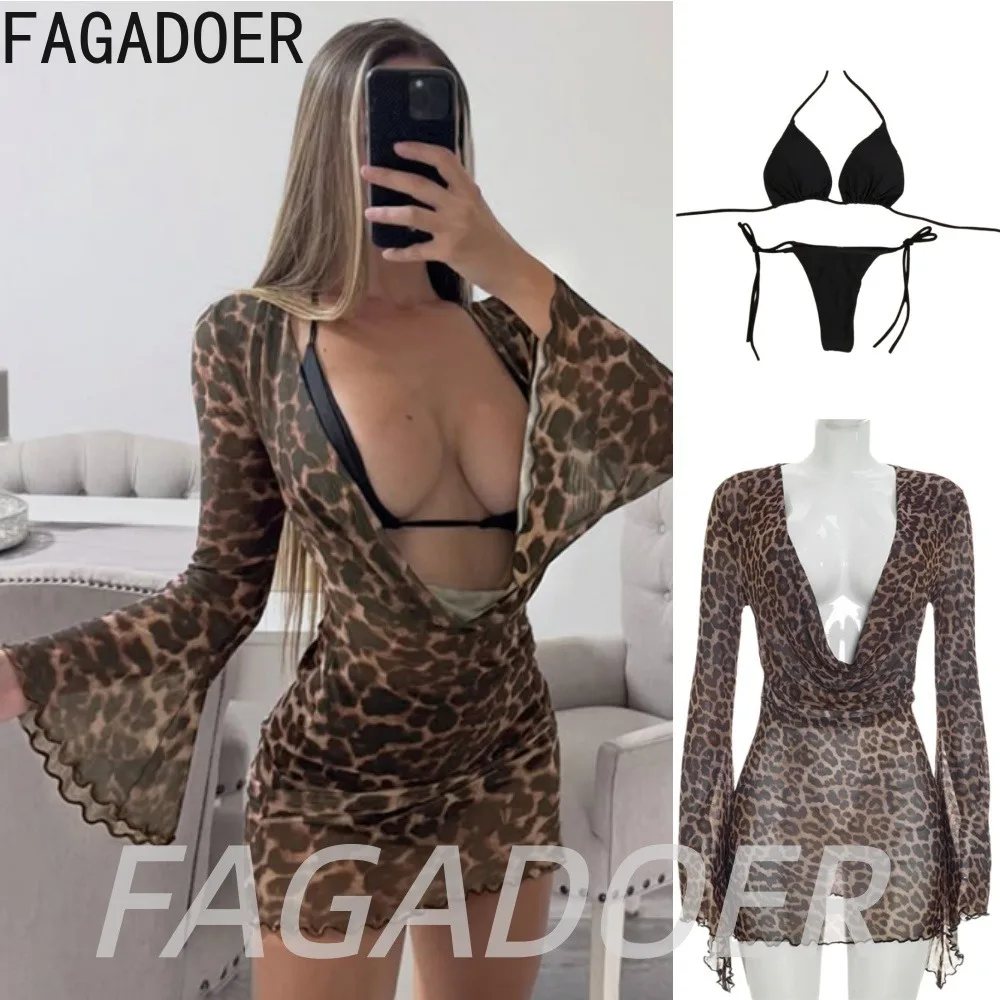 

FAGADOER Sexy Mesh See Through Mini Dress Sets Fashion Leopard Print Ruched Dress + Bikini Outfits Hot Streetwear Club Suits New
