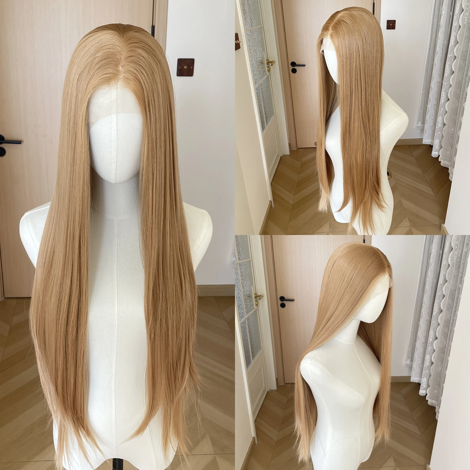 

Honey Brown Long Straight 13x4 Synthetic Lace Front Wigs for Women 26 Inch Glueless Wigs Half Hand Tied 150% Density Medium Cap