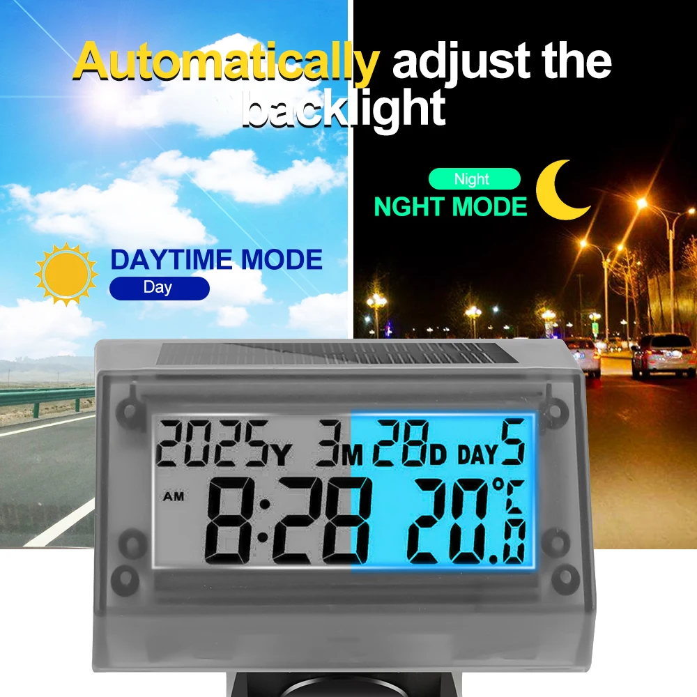 Motorcycle Solar Power Clock LCD Backlight Display Electronic Thermometer Car Clock Date Time Waterproof Motorbike Accessories view 2