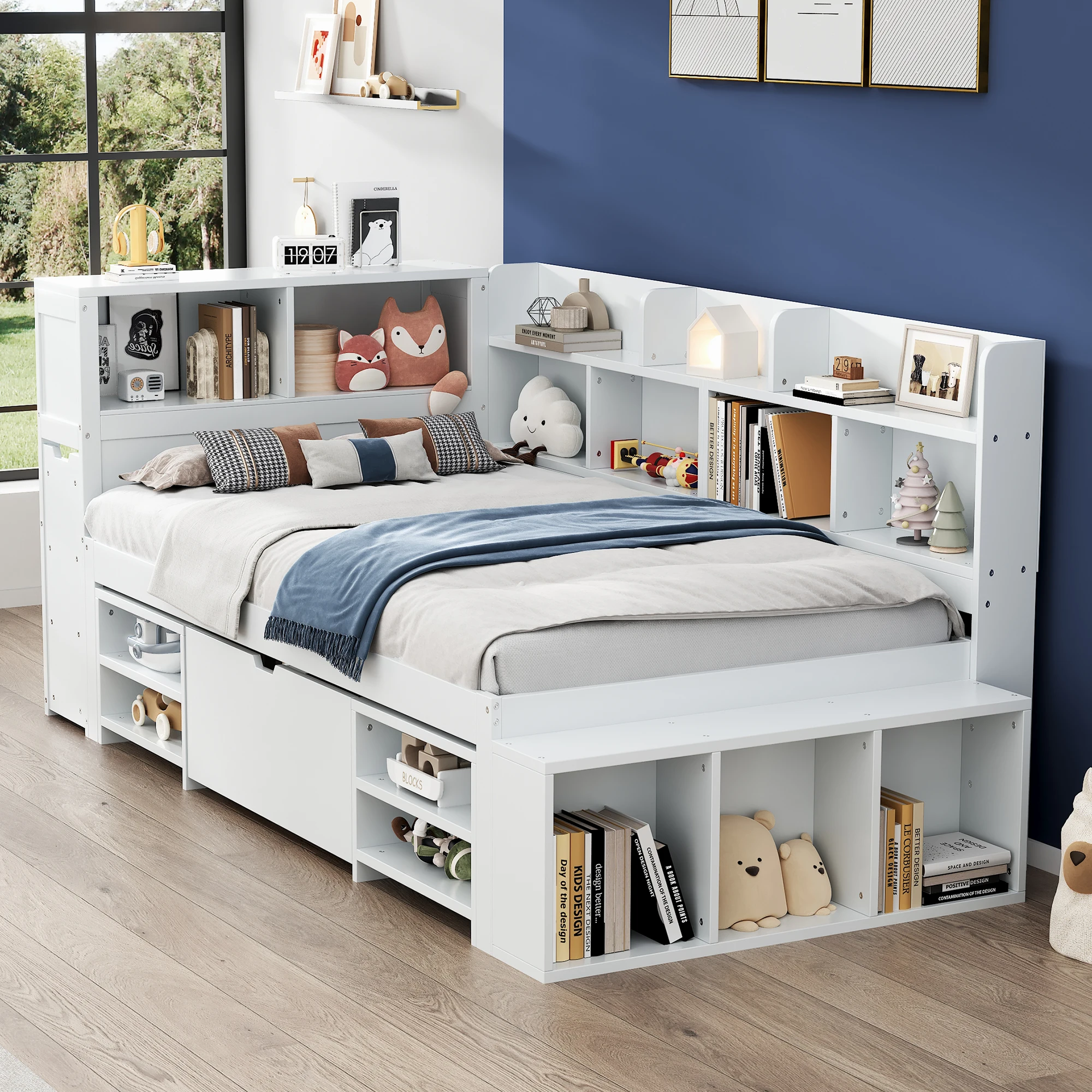 Enkel bed voor kinderen 90 × 200 cm, met lade, boekenkast en opbergvak DS--zonder matras, wit hout